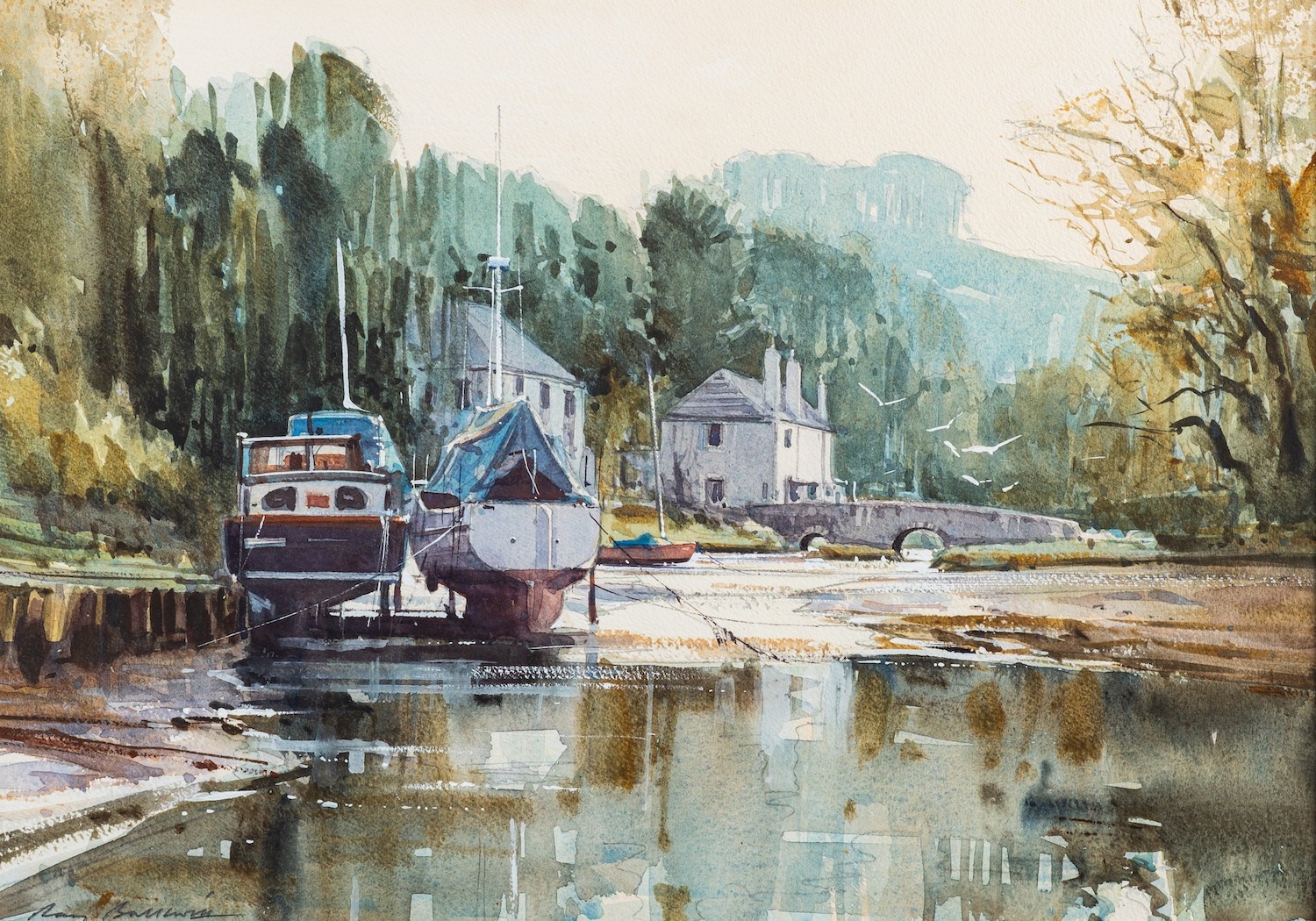 Brian Hayes (British, 20th Century) Beached fishing boats at Budleigh Watercolour 30 x 41. - Image 2 of 4