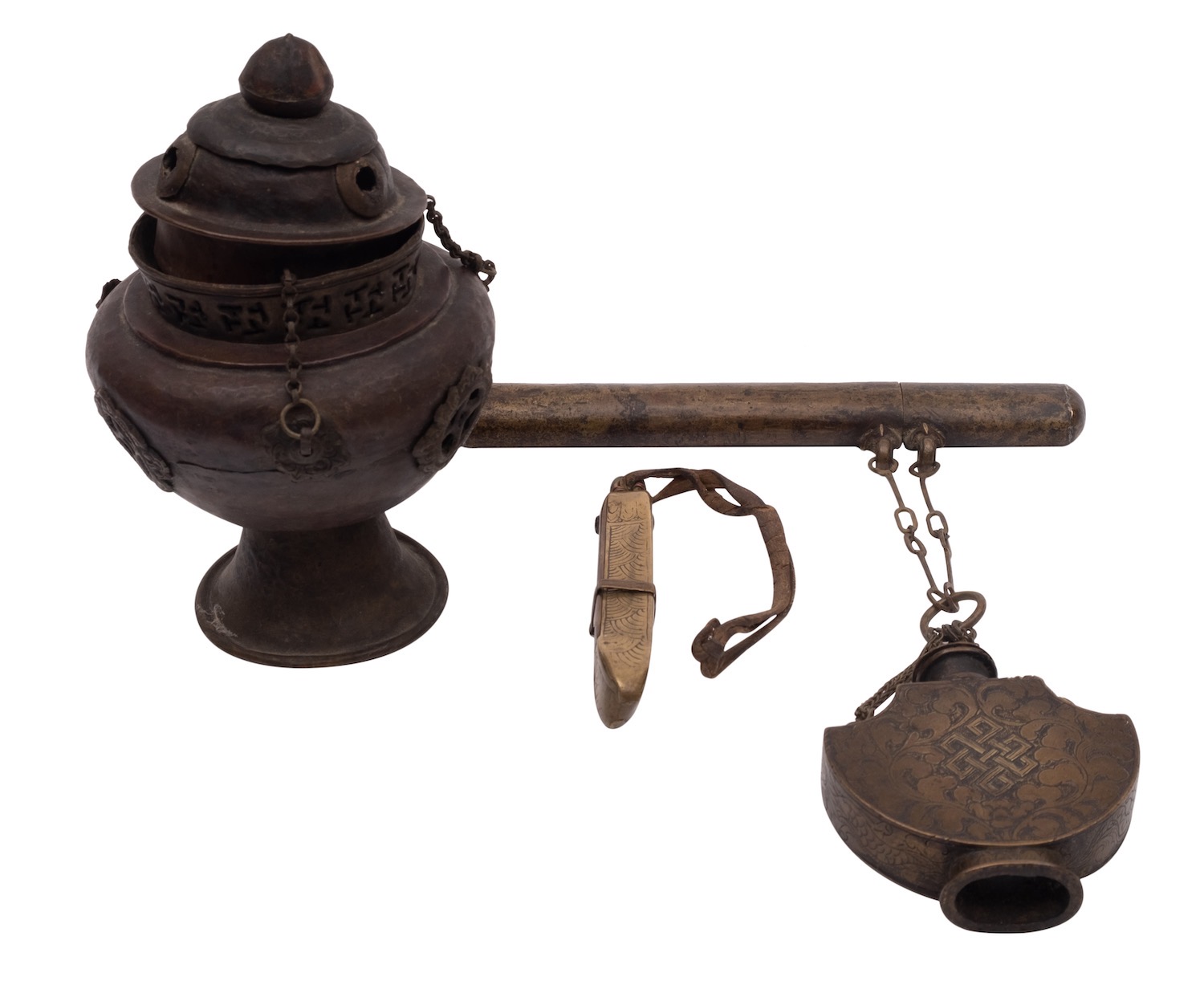 A Tibetan metal hanging incense burner with cover,