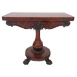 An early Victorian rosewood folding card table, mid 19th century; the hinged top with moulded edges,