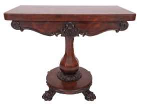 An early Victorian rosewood folding card table, mid 19th century; the hinged top with moulded edges,