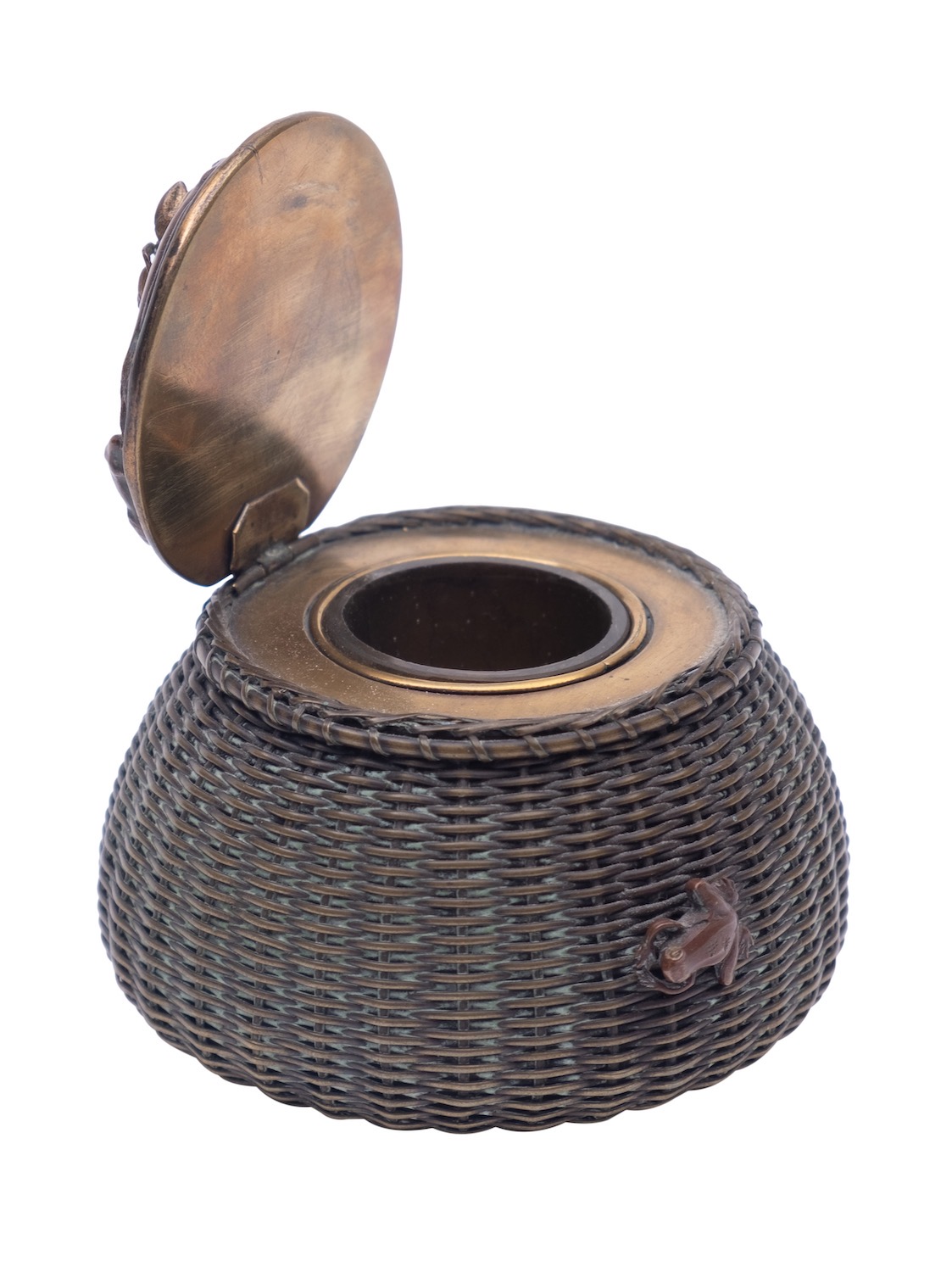 A Japanese patinated mixed metal inkwell in the form of a wicker lobster pot, - Image 2 of 2