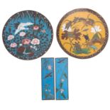 Two cloisonné plates, one decorated with turtles and a crab amongst lotus on a yellow ground,