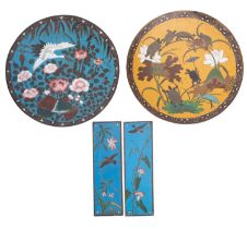 Two cloisonné plates, one decorated with turtles and a crab amongst lotus on a yellow ground,