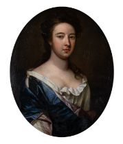Circle of Godfrey Kneller (British, 1646-1723) Portrait of a lady in a blue dress with white sash,