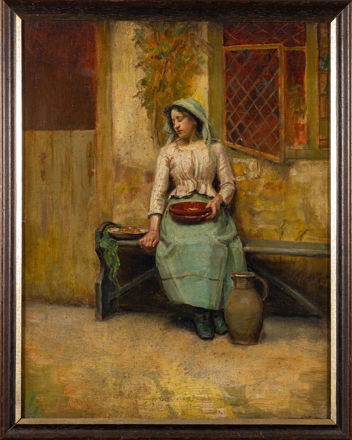 British School, 19th Century A seated, sleeping woman outside a cottage, holding earthenware plates. - Image 3 of 4