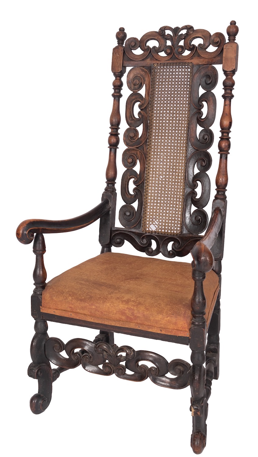 A Charles II carved walnut and canework elbow chair,