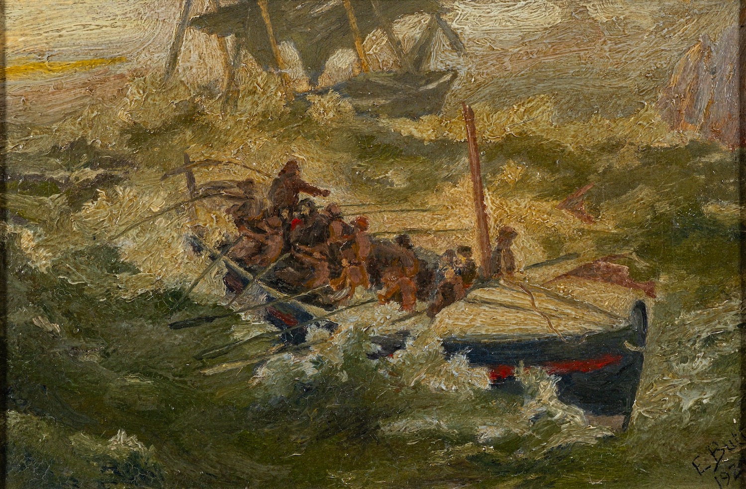 E. Butt (British, 20th Century) A lifeboat in rough seas Oil on canvas 19.