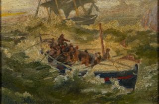 E. Butt (British, 20th Century) A lifeboat in rough seas Oil on canvas 19.