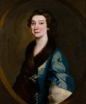 British School, 18th Century Portrait of a young woman in a blue dress wearing a fur stole,
