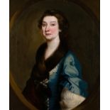 British School, 18th Century Portrait of a young woman in a blue dress wearing a fur stole,