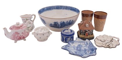 A mixed lot of English ceramics including a blue and white pearlware punch bowl [cracked];