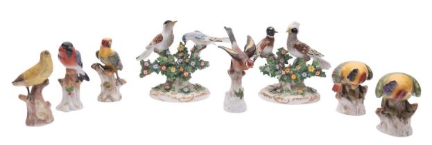 A pair of German porcelain bocage bird groups together with two pairs of single bird figures and