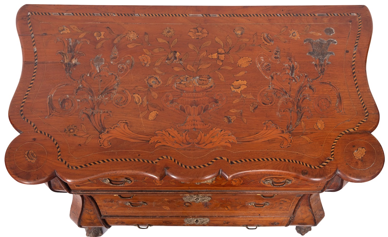 A walnut and marquetry bombe commode, in 18th century style, - Image 2 of 5