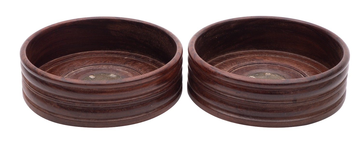 A pair of Elizabeth II silver mounted mahogany coasters of conventional turned form, - Image 2 of 2