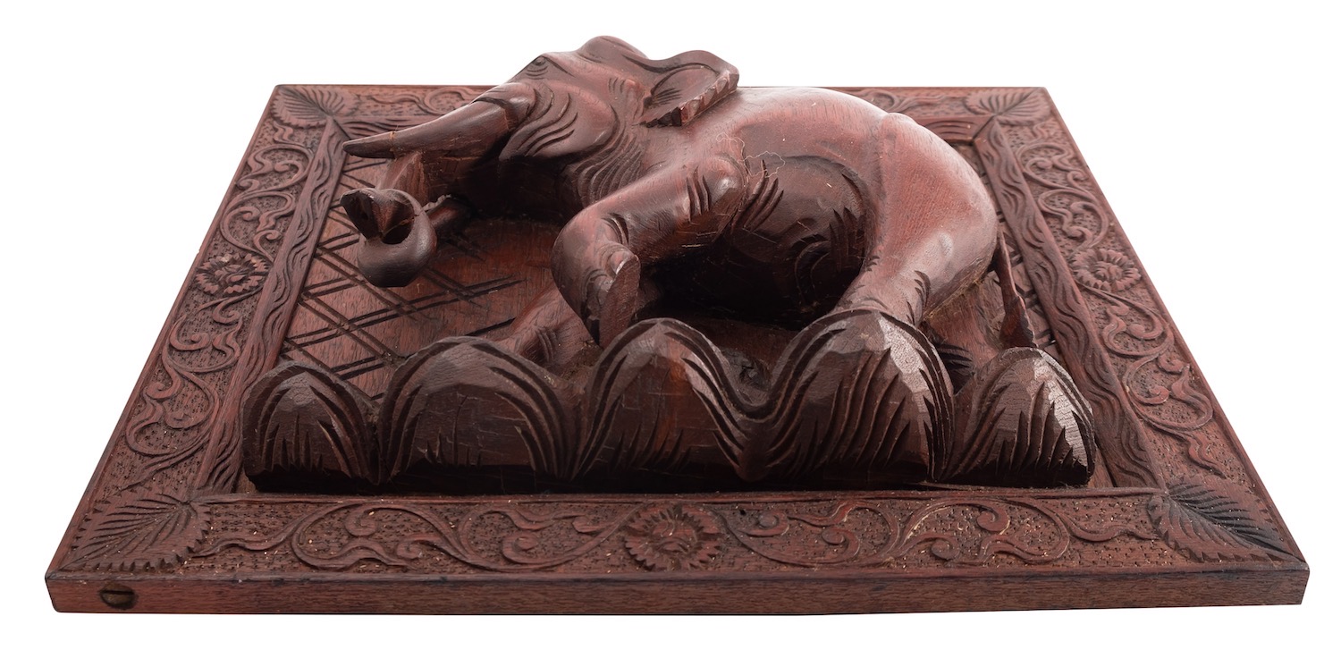 A carved and stained hardwood relief modelled with an elephant, probably South East Asian, - Image 2 of 2