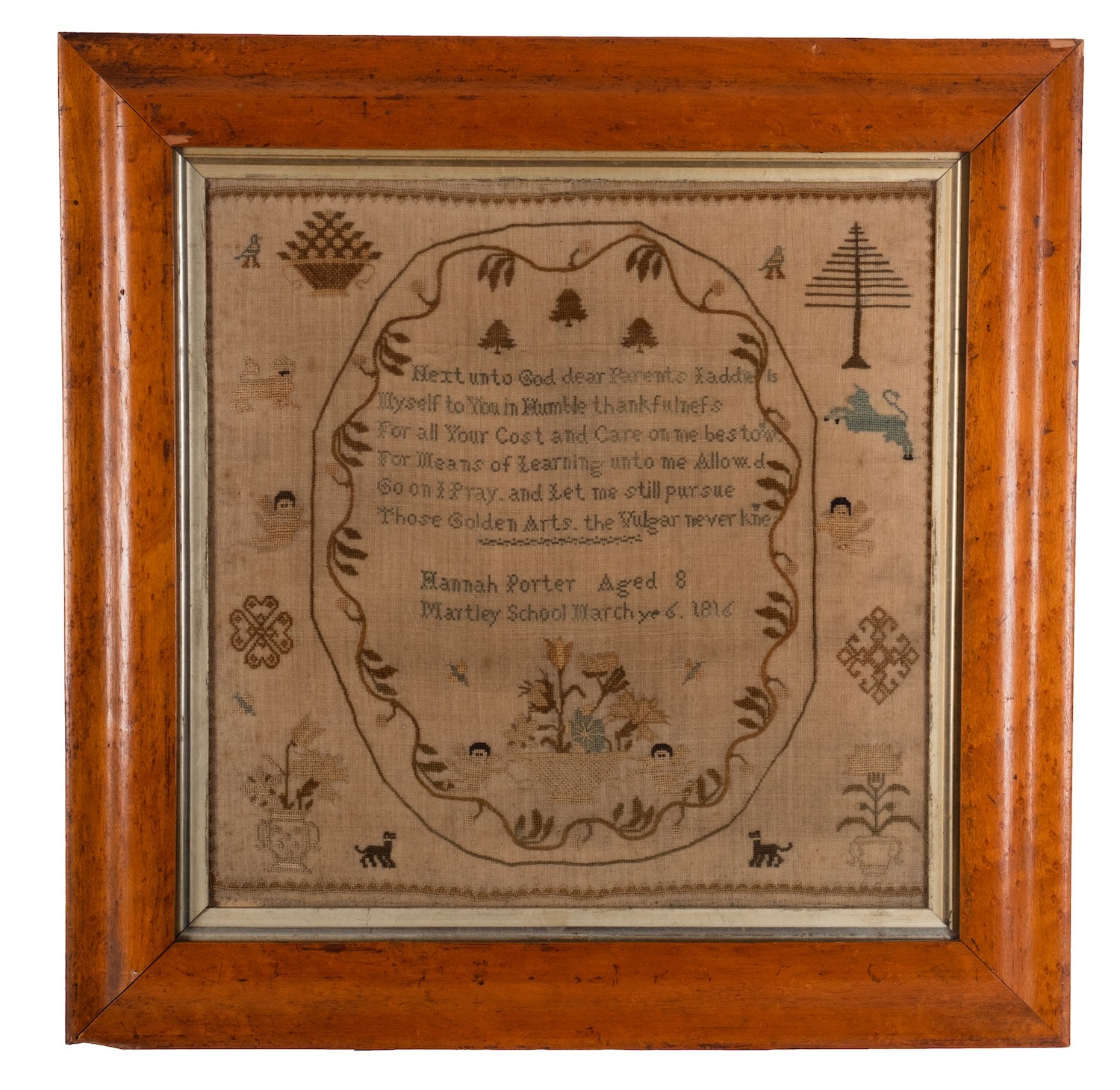 A George III needlework sampler by 'Hannah Porter aged 8 Martley School yr 6 1816',