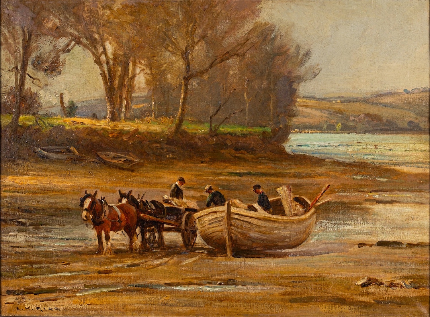 Ernest Higgins Rigg (British,1868-1947) Loading the boat at low tide Oil on canvas 50 x 67. - Image 2 of 3