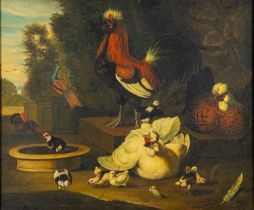 British School (19th Century) Compositions with peacocks, roosters and other birds,