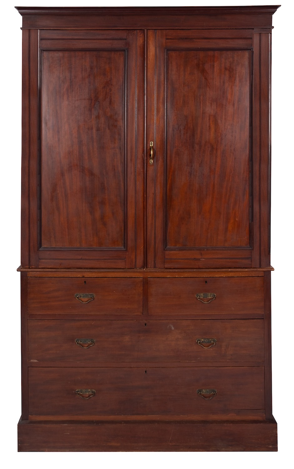 An Edwardian mahogany linen press, later refitted as a wardrobe,