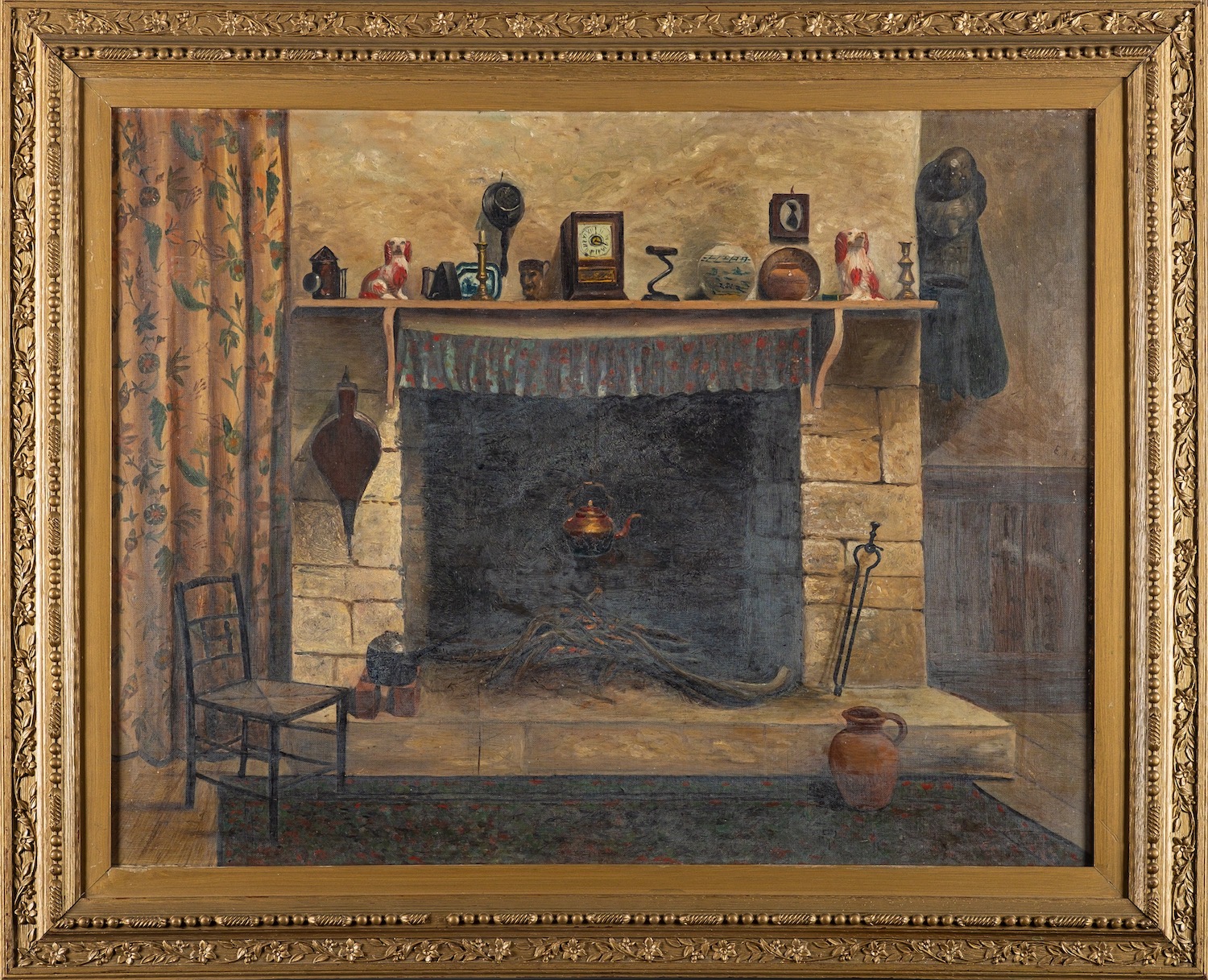 British School, 19th/20th Century The fireplace Oil on canvas 50 x 64.5cm Initialled 'E.A.F.