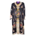 A Chinese hand-embroidered black silk robe, with figural and floral decoration,