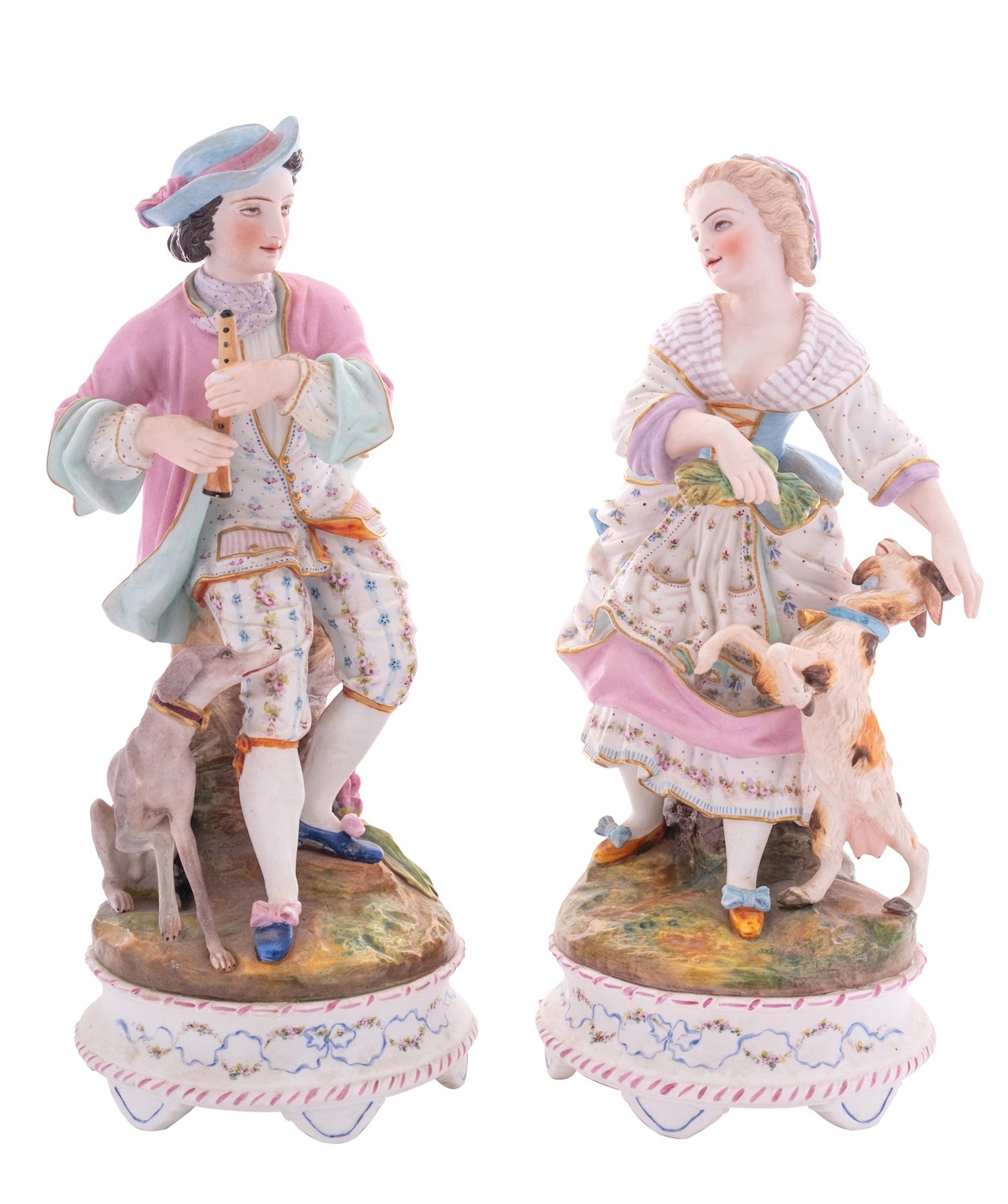 A pair of French bisque porcelain models of a gallant and companion wearing period dress,