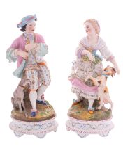 A pair of French bisque porcelain models of a gallant and companion wearing period dress,
