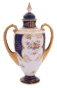 A Coalport porcelain two-handled vase & cover painted with floral sprays and sprigs within gilded