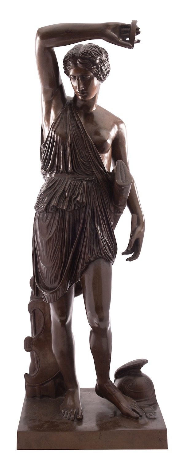 A French patinated bronze model of Diana, cast by the Barbedienne Foundry,