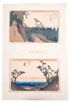 Utagawa Hiroshige, two woodblock prints from the Fifty-three stages of the Tokaido, Yui,