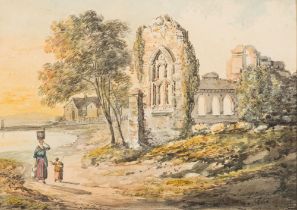 John Laporte (British, 1761-1839) Lakeside ruins of a medieval cloister,