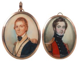British School, 19th Century Portrait miniature of an Officer in a red tunic Watercolour on ivory 6.