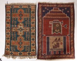 A Belouchistan prayer rug, with a brick red stepped mihrab and geometric designs, 134cm x 87cm,