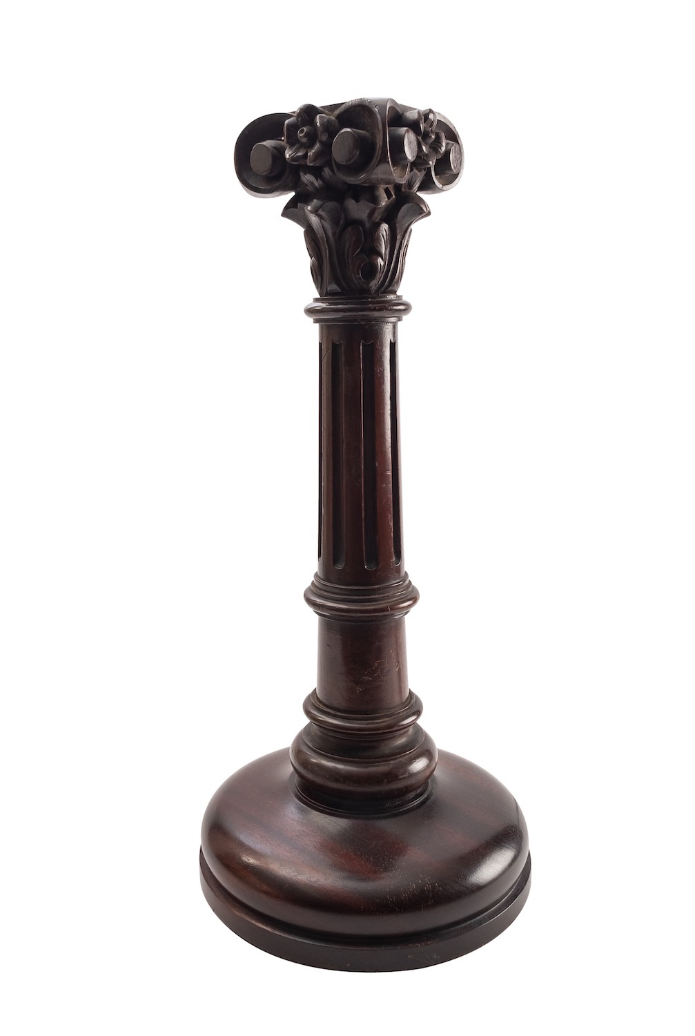 A carved and stained hardwood columnar table lamp,