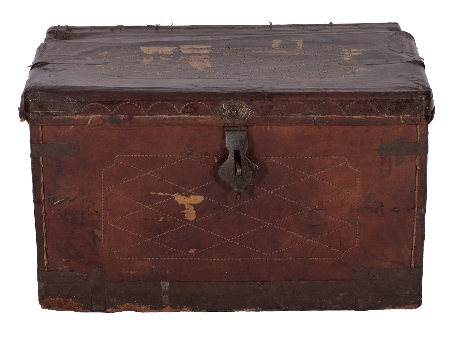 An Anglo Indian leather covered wood yakhdan trunk, Peshawar,