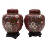 A pair of Chinese cloisonne ginger jars and covers decorated with fruiting and flowering prunus on