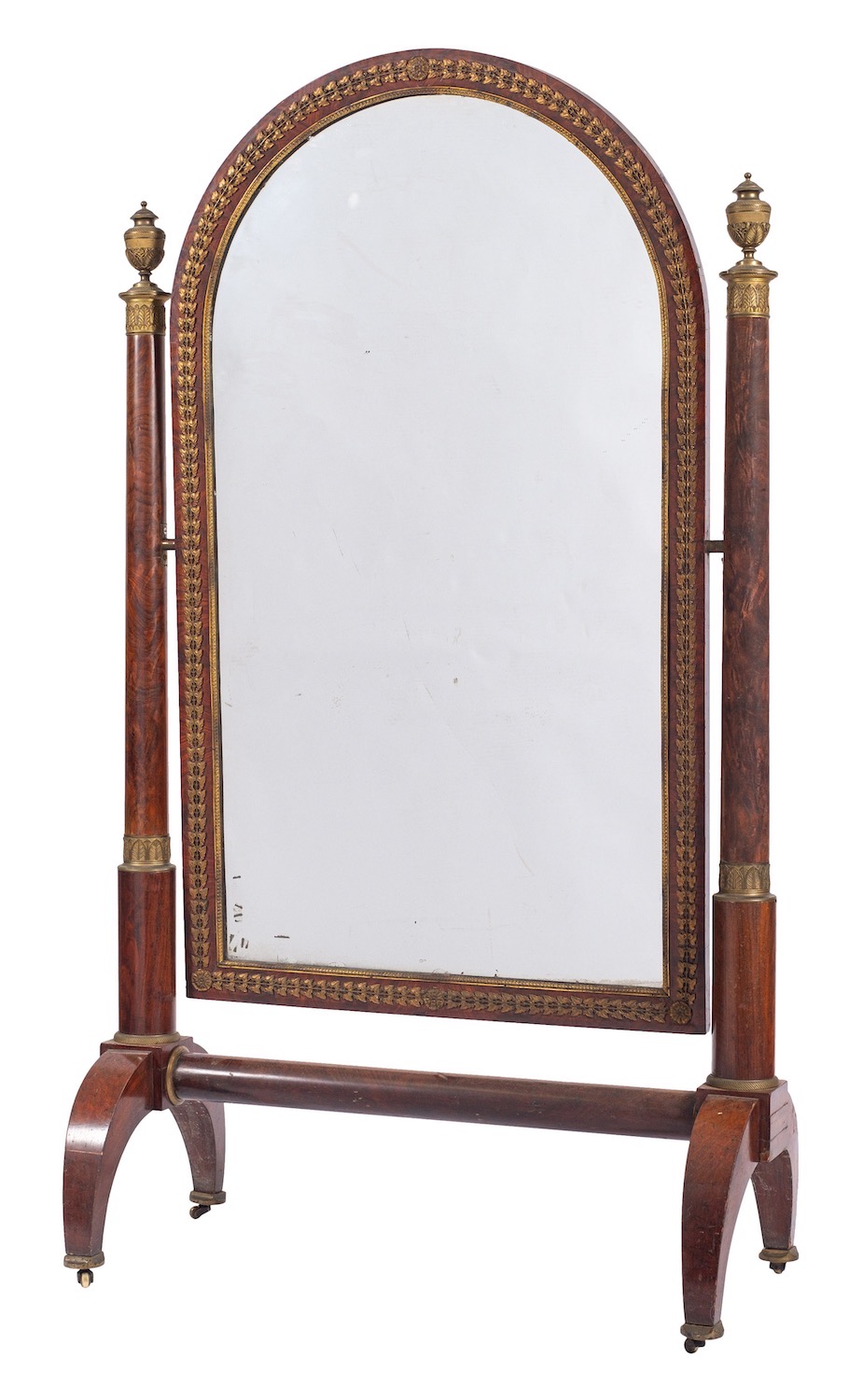 A fine Empire walnut and ormolu cheval mirror,