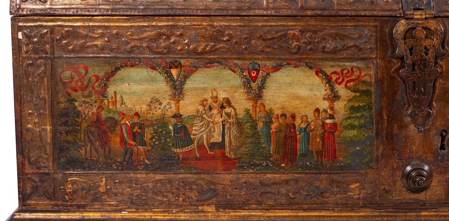 An Austrian painted and parcel gilt marriage coffer on stand, in Renaissance style, - Image 2 of 4