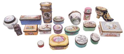 A collection of enamelled and painted metal boxes, 18th century and later; including patch boxes,