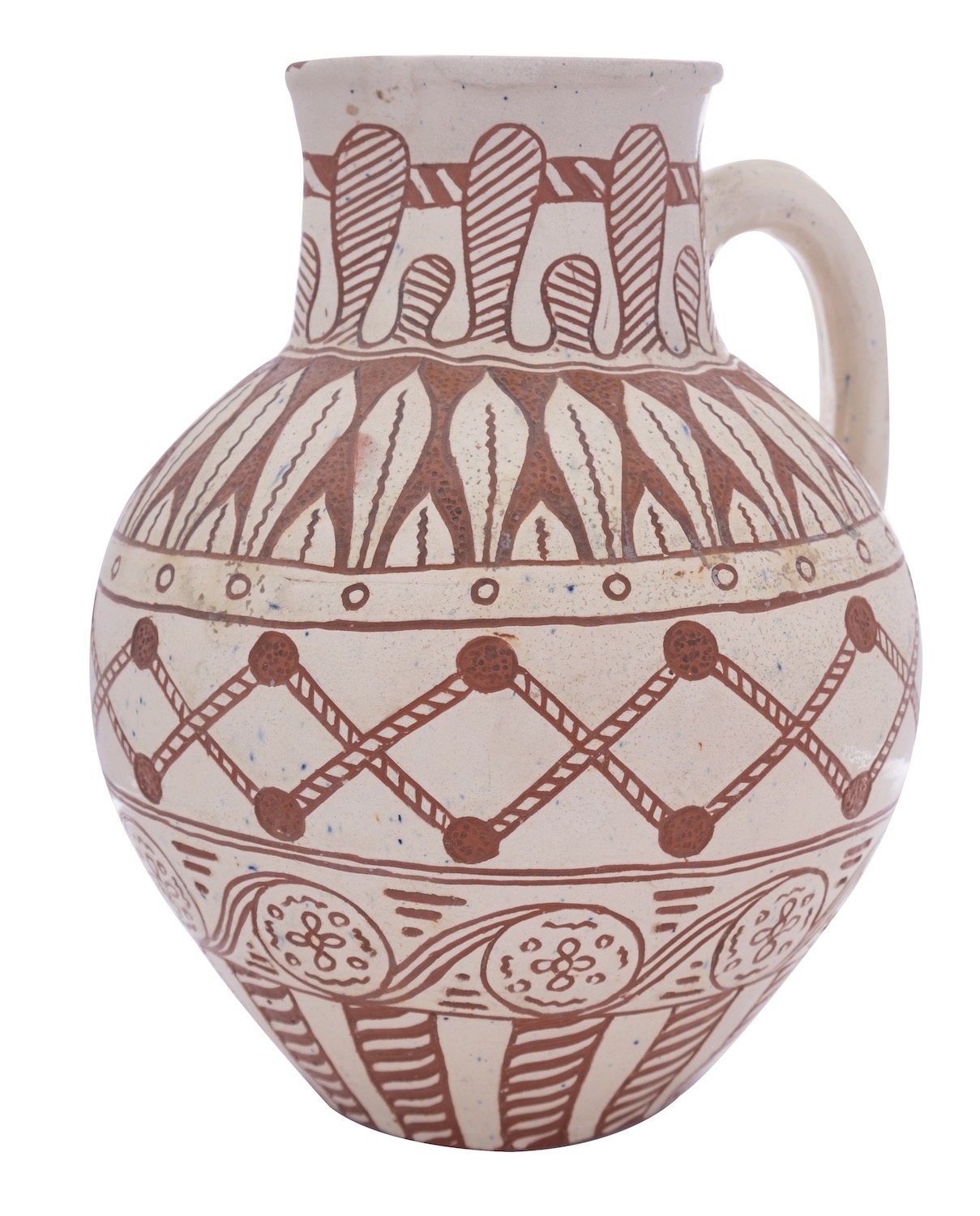 A North Devon slipware pottery harvest jug by William Fishley Holland the cream coloured slip