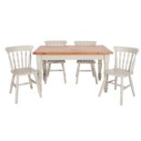 A pine and partially painted kitchen table and four chairs en suite, in 19th century style,