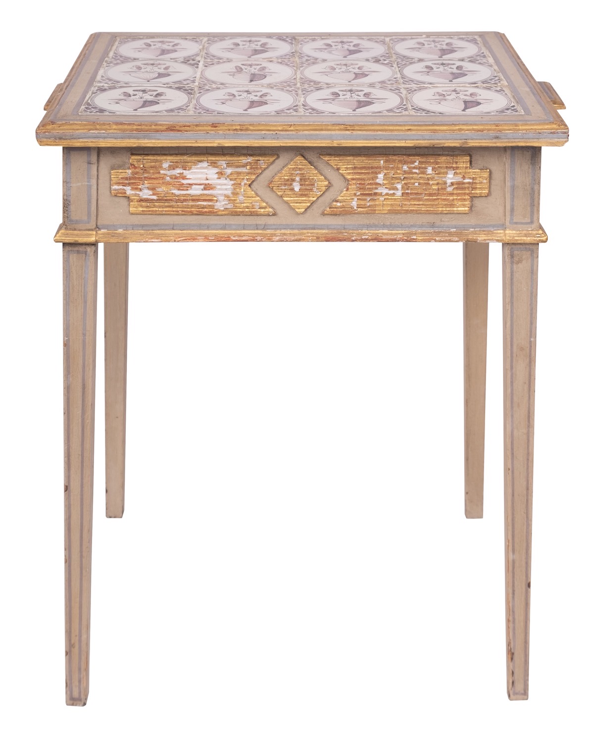 A painted, parcel gilt and tile topped pine side table, in Dutch style,