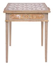 A painted, parcel gilt and tile topped pine side table, in Dutch style,