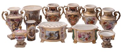 A group of early 19th century Derby vases and bough pots, iron-red crowned D marks,