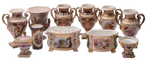 A group of early 19th century Derby vases and bough pots, iron-red crowned D marks,