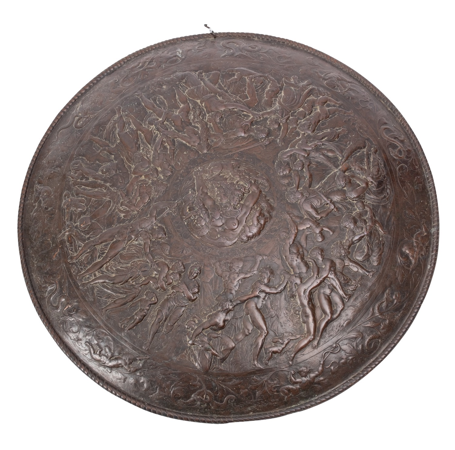 A Victorian patinated metal model of a circular shield,