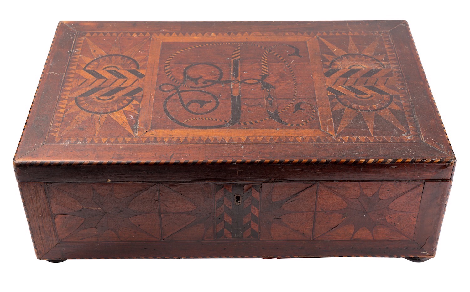 A George III marquetry and parquetry worked mahogany tool box, - Image 3 of 4