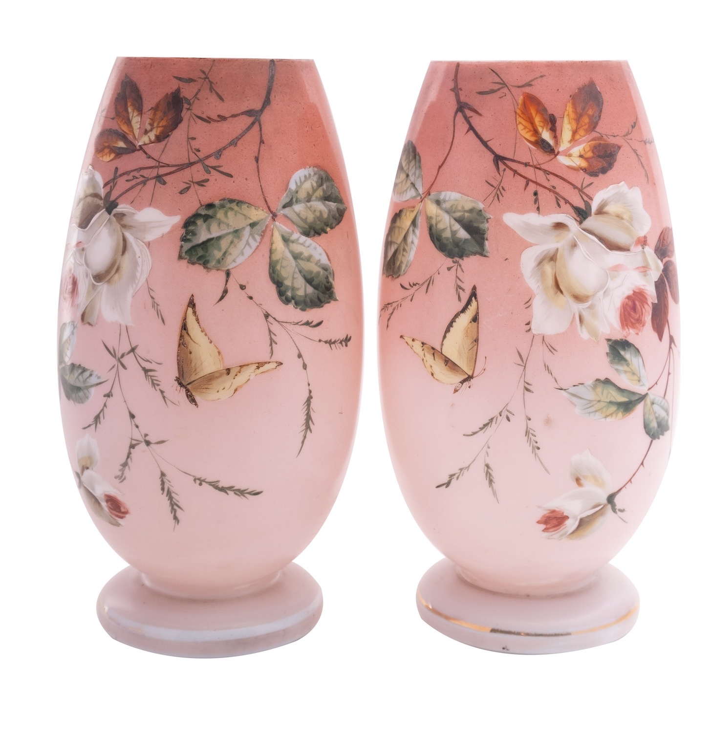 A pair of enamelled milk glass vases,