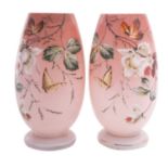 A pair of enamelled milk glass vases,