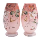 A pair of enamelled milk glass vases,